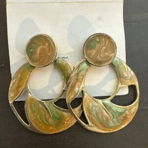 Orange Green Gold Tone Swirled Enamel Hoop Dangle Pierced Earrings Vintage